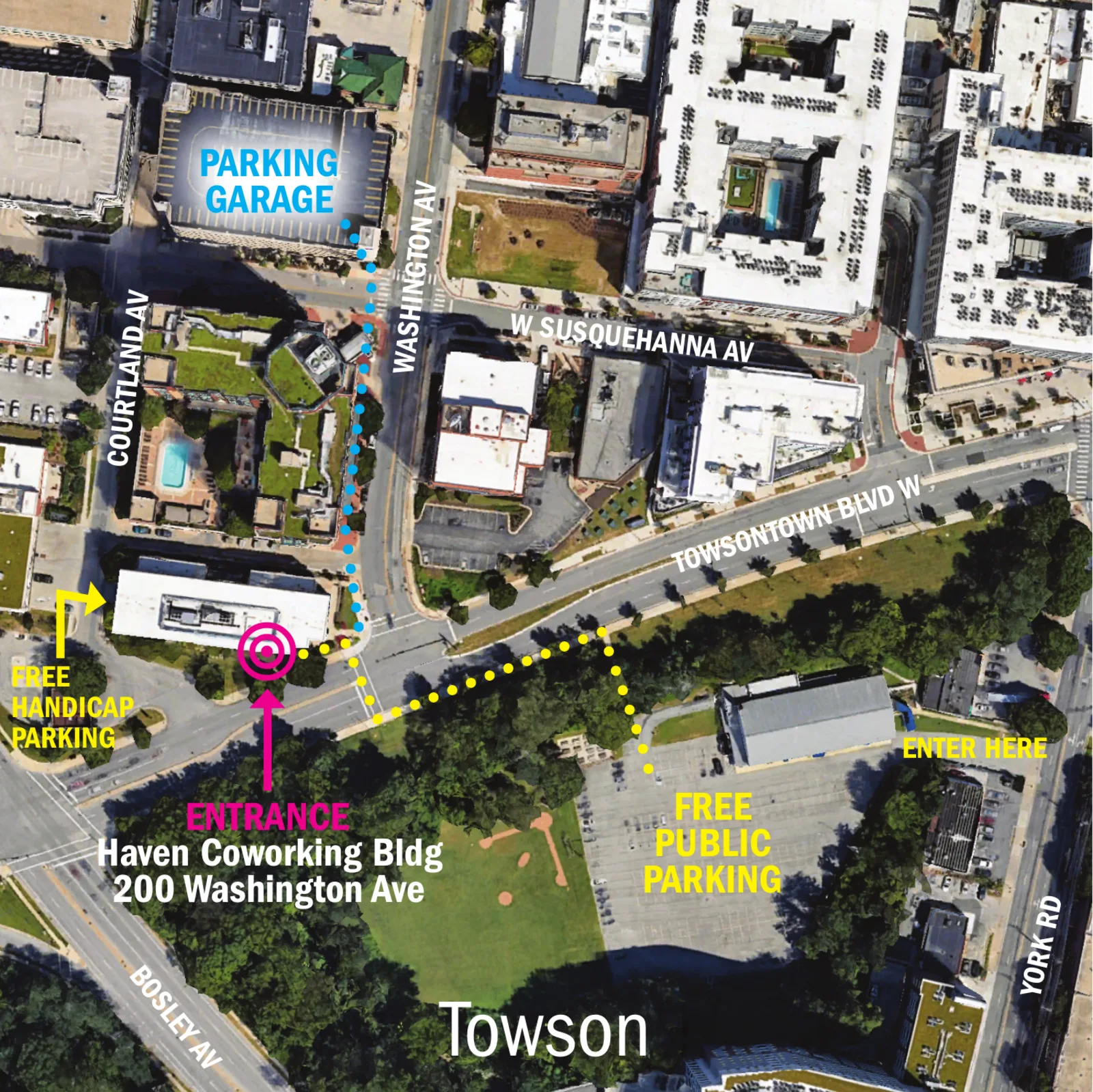 Aerial map of Towson showing the Haven Coworking Building entrance at 200 Washington Ave, the free public parking lot off York Rd, free handicap parking on Courtland Av, and the pay parking garage on Washington Ave.